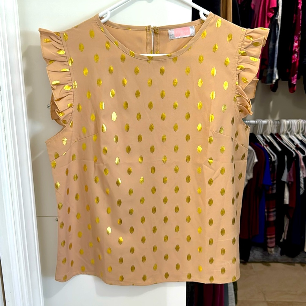 Tan Blouse with gold detail and ruffled shoulders. New without tags